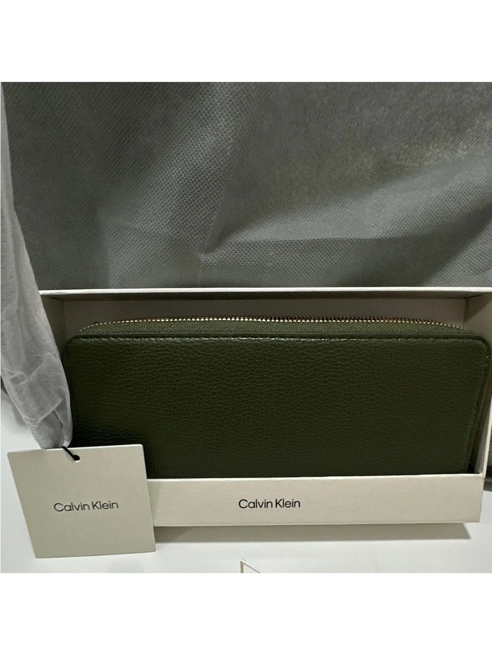 Calvin Klein Olive Zip-Around Pebbled Leather Wallet